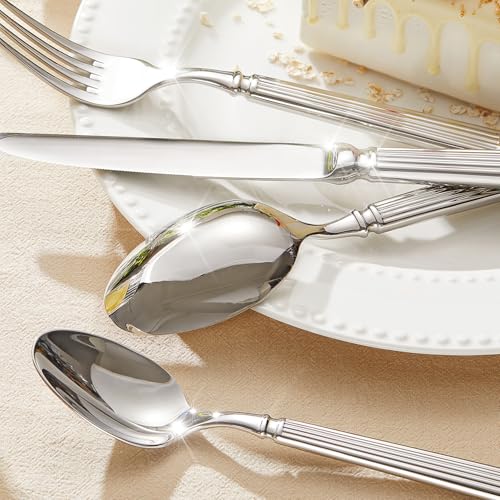 KINGSTONE Silverware Set, 60-Piece 18/10 Stainless Steel Flatware Set - Roman Column Embossed Thick Handle, for Wedding, Home, Restaurant, Kitchen and Party, Mirror Polish & Dishwasher Safe - size: 60-Piece