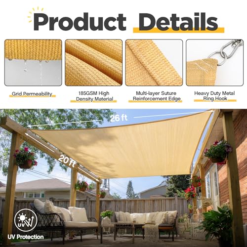 20 x 26ft Sun Shade Sail for Patio Rectangle 185 GSM Heavy Duty UV Block Canopy Permeable Cover Outdoor Garden Deck Backyard Commercial Grade 95%-98% UV Protection Easy Installation(Sand) - color: Sand