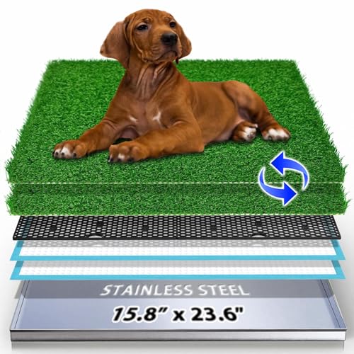 Dog Grass Pad with Stainless Steel Tray - 23.6"x15.8" Dog Potty Indoor Outdoor - Odor-Free 4-Layer Drainage System with Durable & Strong Metal Tray - Artificial Grass Turf for Small Medium