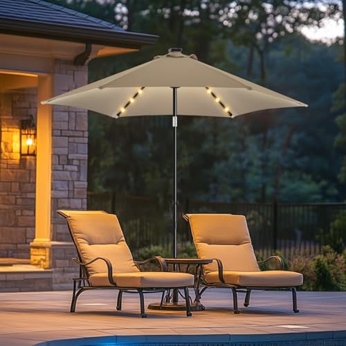 wikiwiki 7.5FT Solar Led Patio Umbrella, Sturdy Outdoor Market Umbrella for Deck, Pool, Garden w/Tilt, Crank, 18 LED Lights, Tan - color: Tan, size: 7.5ft