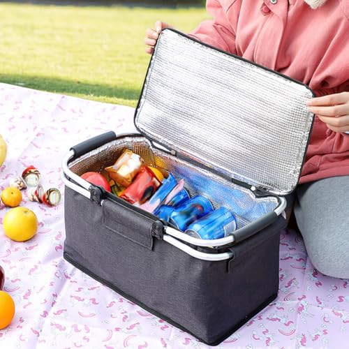 Large Picnic Basket, Insulated Beach Bag Cooler Reusable with Zippered Top & Handles Reusable Folding Grocery Basket Insulated Cooler Bag for Picnic Travel - color: Red Grid 2
