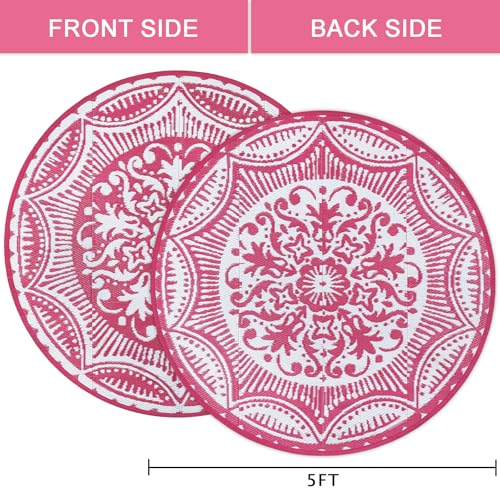 Capslpad 5x5 Floral Outdoor Rug for Patio Clearance Reversible Mat Round Portable Plastic Straw Carpet Waterproof Boho Indoor Outside Area Rugs for RV Camping Picnic Balcony Beach Deck, Pink - color: Pink, size: 5' (Round)