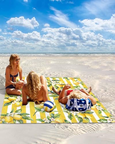 Lemon Beach Blanket Waterproof Sandproof 108"x84", Summer Yellow Stripes Oversized Beach Mat with 4 Corner Sand Pocket & 4 Stakes, Compact Outdoor Picnic Mat for Camping Travel Festivals - color: Yellow, size: 108"x84"