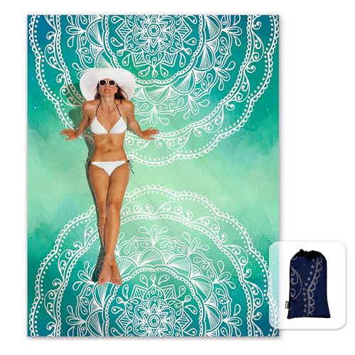 Sunlit Silky Soft Sand Proof Beach Blanket 106"x81" / 85"x72" Sand Proof Mat with Corner Pockets and Mesh Bag for Beach Party, Travel, Camping and Outdoor Music Festival, Mandala - color: Turquoise, size: 106"x81"