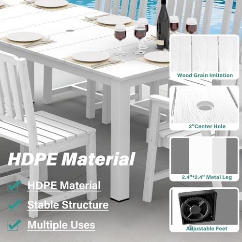 9-Piece Patio Dining Set, Outdoor Dining Set for 8, HDPE All-Weather Outdoor Furniture with 75.20” Umbrella Hole Table, 2 Armchairs & 6 Armless Chairs, White - color: White, size: 2 Armchairs & 6 Armless Chairs