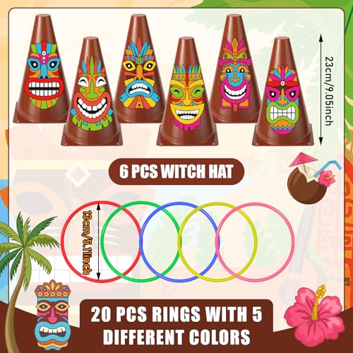 Jenaai 26 Pcs Luau Party Favors Luau Tiki Pool Ring Toss Game Limbo 6 Plastic Cones Hawaiian 20 Toss Rings for Indoor Outdoor Summer Tropical Pool Beach Party Supplie