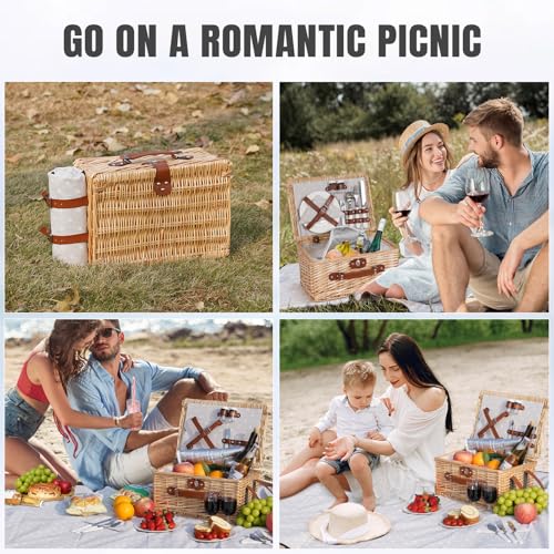 HappyPicnic Picnic Basket Set for 2 - Wicker Picnic Basket with Waterproof Blanket & Insulated Liner, Large Handmade Willow Hamper with Cutlery Kit for Outdoor, Picnic, Camping, Holidays (Flower) - color: White Flower