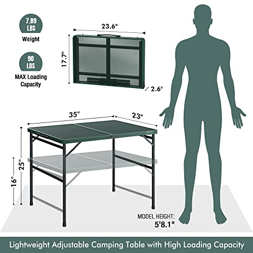 VILLEY Grill Table, 3ft Folding Camping Table with Aluminum Adjustable Legs, Portable Lightweight Camp Table for Beach Picnics and Outdoor Cooking - color: Green