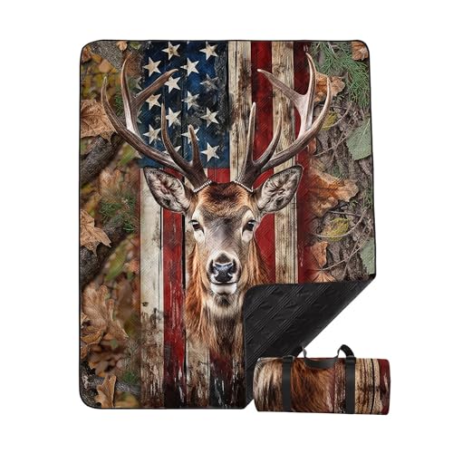Outdoor Picnic Blanket,Portable Sandproof Waterproof Picnic Mat,American Flag Deer Printed Camping Beach Mat for Sand and Wet Grass Hiking (Deer L) - color: Deer, size: Extra Long - 78"x78"