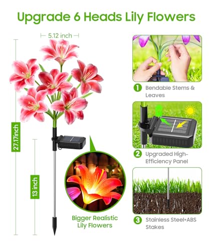 LETMY Solar Garden Lights, 4 Pack Solar Flower Lights with 6 Head Bigger Lily Lights, IP65 Waterproof Solar Lights Outdoor, Decorative Lights for Garden, Patio, Yard, Flower Bed - size: 4 PACK