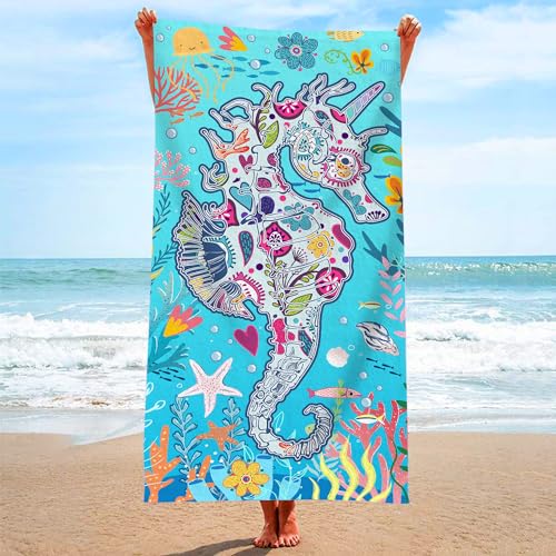 Bonsai Tree Seahorse Beach Towel, Blue Microfiber Bath Towel for Women, Sand Free Quick Dry Travel Towels Seahorse Gifts for Women Yoga Sports Adults 30" X 60" - color: Seahorse, size: 30"x60"