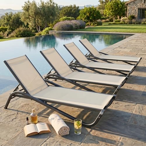 Patio Chaise Lounge Chairs Set of 4, All-Weather Aluminum Pool Loungers for Outside, 5-Position Adjustable Sunbathing Chairs for Tanning, Stackable for Backyard, Poolside, Beige - color: Beige, size: Set of 4