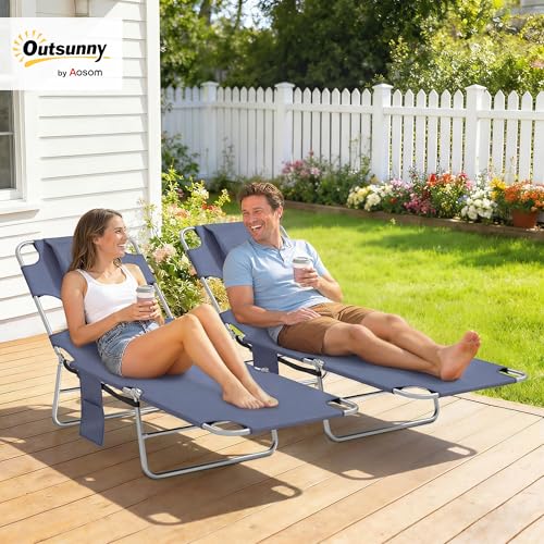 Outsunny Chaise Lounge Chair Outdoor Set of 2 with Face Arm Hole, 5-Position Reclining Face Down Tanning Chair with Carry Strap, Side Pocket, Portable Folding Bed Cot for Patio Beach Pool, Gray - color: Grey, size: 2 Pieces