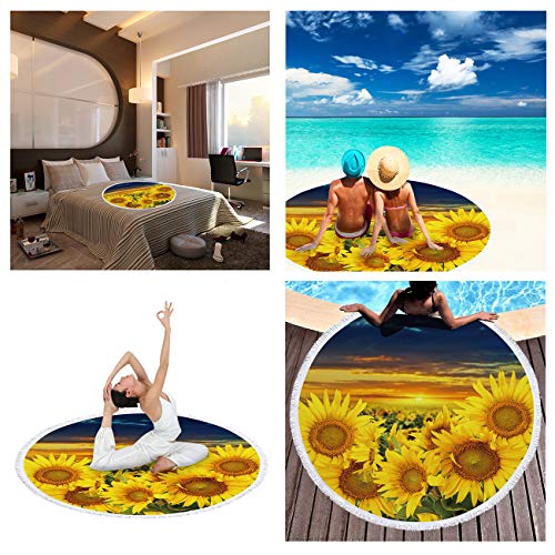 Violet Mist Sunflower Round Beach Blanket 60" x 60" Soft Microfibre Circular Beach Towel Throw with Fringe Large Sand Free Circle Beach Blanket with Tassels for Women Travel Swimming Pool Picnic Towel - color: Sunflower