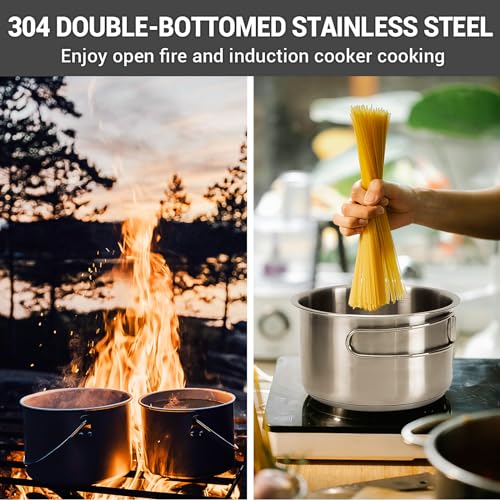 KingCamp Camping Cookware Set 304 Stainless Steel Campfire Cooking Pots Pan and Kettle with Travel Tote Bag for Camping Outdoor Kitchen Cooking Picnic for 4-6 - color: SILVER - 4-6 PERSON COOKWARE SET WITH KETTLE