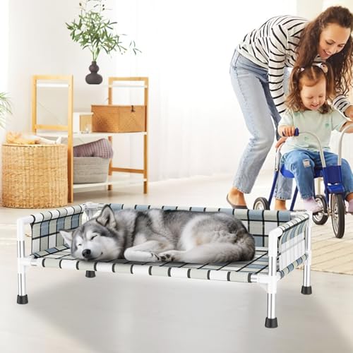 Elevated Raised Outdoor Dog Bed - Cooling Washable Dog Cot with Guardrail, Durable & Breathable Cotton Mesh Pet Hammock Beds with Stainless Steel Pipe Frame for Medium Pets (34'' x 20'' x 12'') - size: 34'' x 20'' x 12''