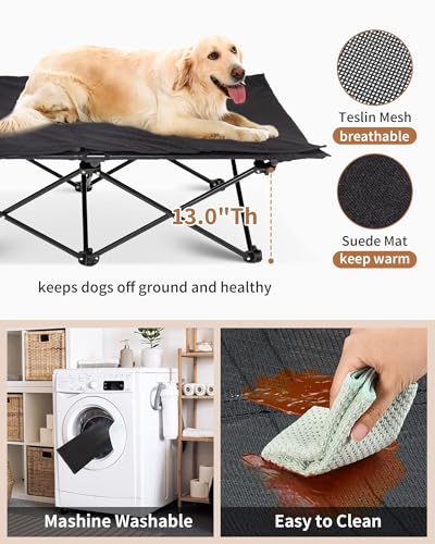 KingCamp Elevated Dog Bed for Large Dogs, Outdoor Raised Cooling Pet Cot Bed with Washable Breathable Mesh & No-Slip Feet Perfect for Camping, Backyard, Indoor Use (Large, Black) - size: 49.6"L x 26"W x 13"Th