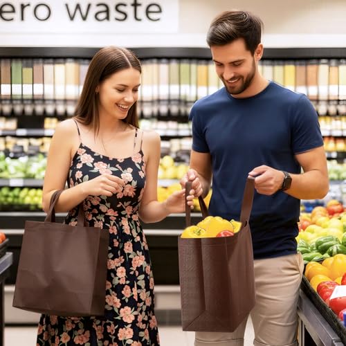 Reginary 100 PCS Reusable Totes Bags - Non Woven Grocery Handle Bags for Shop Events & Retail Store (Brown) - color: Brown