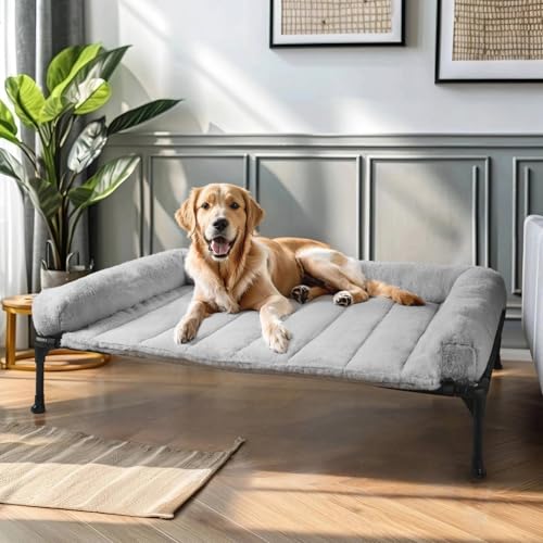 Veehoo Orthopedic Elevated Dog Bed with Fluffy Plush Bolster Cushion, Indoor Raised Dog Beds for Large Dogs, Soft Pet Sofa Cot with Removable Washable Mat, No-Slip Feet, 42 x 30 inches, Grey - color: Grey, size: 42.0"L x 30.0"W x 7.0"Th
