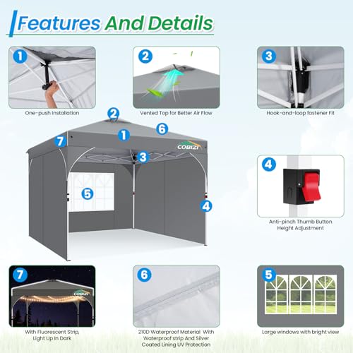 COBIZI 10x10 Pop Up Canopy with 3 Removable Sidewalls, Easy Pop Up Comercial Instant Canopy with One Push Center Lock, Waterproof Canopy with Sidewalls for Event, Rope & Stakes & Sandbags, Gray - color: Gray, size: 10x10ft (Old Model)