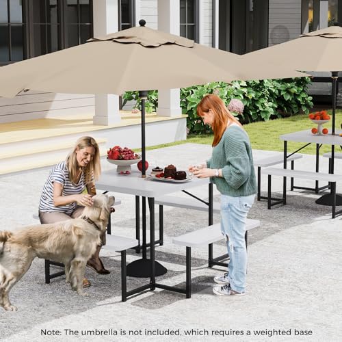 Byroce Outdoor Picnic Table for 4-8 Person, HDPE Picnic Camping Table Set with 4 Benches, Umbrella Hole & Metal Frame, Heavy Duty Square Dining Table Chairs for BBQ in Patio, Yard & Poolside (White) - color: White