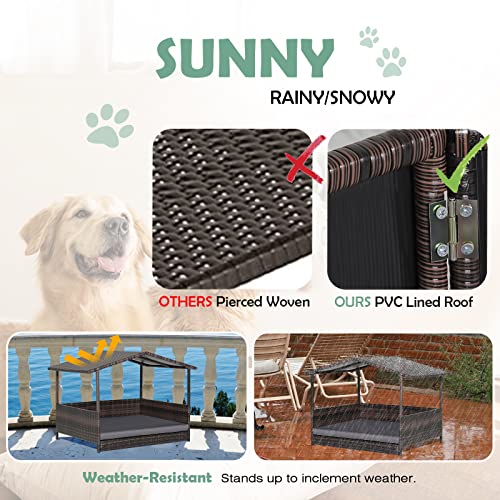 Wicker Dog Bed House, Indoor Outdoor HDPE Rattan Dog Houses, Raised Dog Cot Pet House, Elevated Pets Sofa w/Washable Cover, Waterproof Roof Shelter, Removable Cushion Lounge - style: Grey