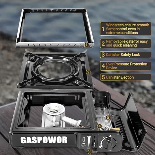 Propane or Butane Stove Dual Fuel Stove Portable Camping Stove, 10,000 BTU Butane Propane Stove with Carrying Case&Windblocker, Automatic Ignition for Emergency Preparedness Kit (Fuel Not Included) - color: Coal black