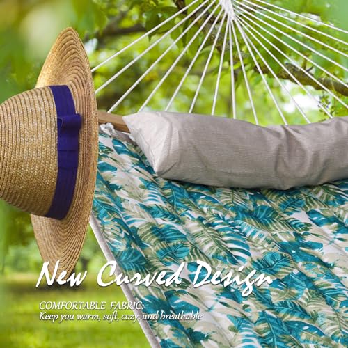 Double Hammock, 11 FT Quilted Fabric 2 Person Hammock for Outside with Pillow, Folding Curved Spreader Bar, Chains, Carrying Bag, Indoor Outdoor, 450 IB Capacity, BlueLeaves - color: Blueleaves