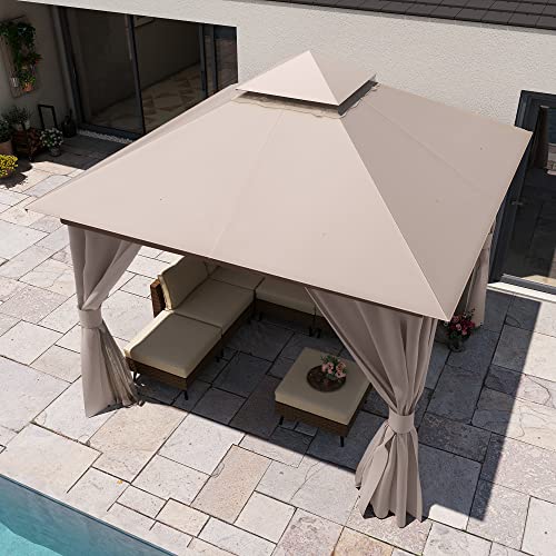 LAUSAINT HOME 10'x10' Outdoor Gazebo, Metal Frame Heavy Duty Patio Canopy Tent Shelter with Double Roofs, Mosquito Nettings and Privacy Screens for Backyard, Garden, Lawn, Khaki - color: Khaki, size: 10'x10'