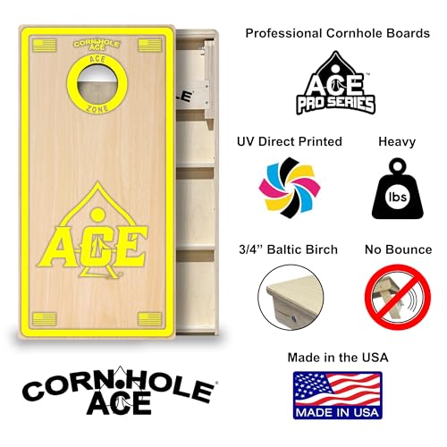 CornholeAce ACE PRO Professional Cornhole Boards - No Bounce! Triple Wide Legs, 3/4" Baltic Birch Plywood, Handles, Regulation Size (4x2ft), Tournament Style, Made in USA - color: Yellow