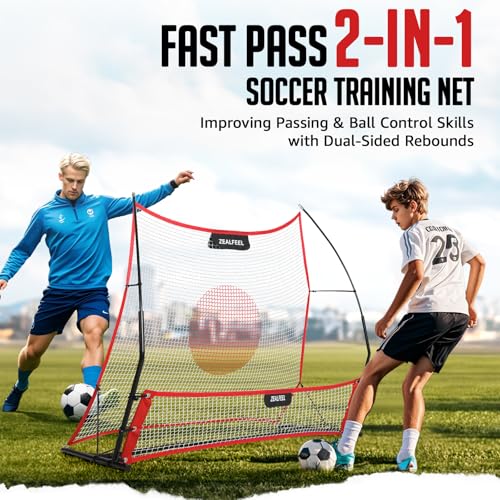 ZEALFEEL Soccer Rebounder, 2-in-1 Soccer Rebound Net, 6'x4.7' Large Net & 6'x16" Small Net, Soccer Bounce Back Net Practice for Team Volley Passing Solo Training, Football Trainer with Carry Bag Cones
