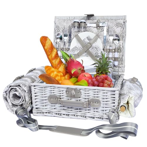 Picnic Basket for 2 with Blanket, Willow Picnic Basket Set with Shoulder Strap&Wine Pouch, Large Willow Hamper with Insulated Cooler for Outdoor, Camping, Beach, Couples, Wedding Gift - color: Gray Leaves