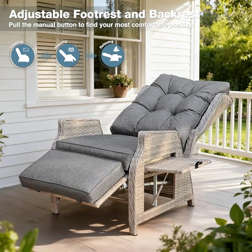 Outdoor Recliner with Adjustable Back and Footrest, Patio 150 Lay Flat Recliner with Flip Table Wicker Reclining Lounge Chair, Grey with Beige Wicker 2PCS - color: Grey With Beige Wicker, size: 2PCS