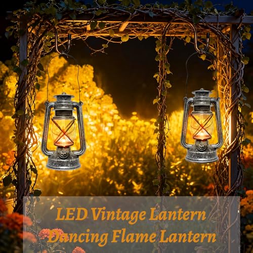 Vintage LED Outdoor Lantern Battery Powered Lanterns with Flame Wick Waterproof Camping Lamp Non-Solar Hanging Lantern Lights Landscape Decor for Indoor/Outdoor Use- Silver Color - style: Silver color