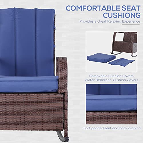 Outsunny Wicker Outdoor Rocking Chair, Patio Recliner with Adjustment Backrest, PE Rattan Lounge Chair with Adjustable Footrest and Cushions for Garden, Backyard, Porch, Blue - color: Blue
