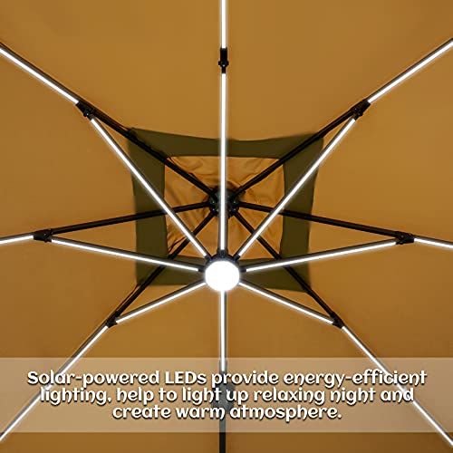 Sunnyglade 10x10ft Solar Powered LED Cantilever Patio Umbrella Square Deluxe Offset Umbrella 360°Rotation & Integrated Tilting System & LED lights for Market Garden Deck Pool Backyard Patio - color: Tan, size: 10X10FT