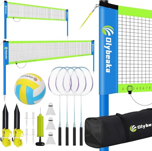 Portable Volleyball & Badminton Combo Net Set for Backyard Beach with 2 Nets (20ft and 32ft), Adjustable Poles, PU Volleyball, Aluminum Rackets and Carry Bag, Quick Setup & Durable - color: Blue