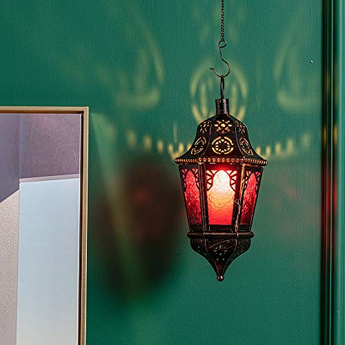 Moroccan Decorations, Lantern Decorative Indoor & Outdoor, 13.6’’ Vintage Decorative Hanging Lantern with Chian for Home Porch Patio Decor, Metal Ramadan Christmas Candle Holders(Plum Red) - color: Plum Red