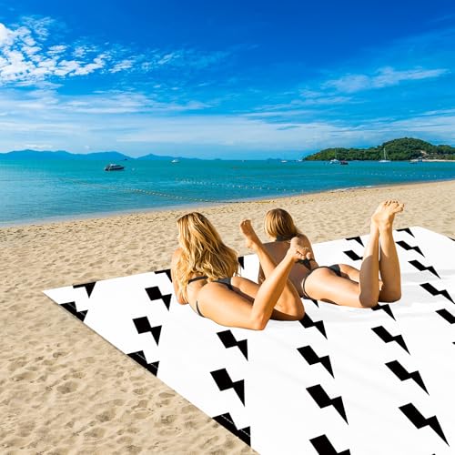 Beach Blanket Waterproof Sandproof, Beach Blanket with 4 Stakes & 4 Pockets, 78''×86'' Lightweight Outdoor Picnic Blanket for Travel, Camping, Hiking - color: Black Lightning, size: 6.5x7.2 FT (1～4 person)