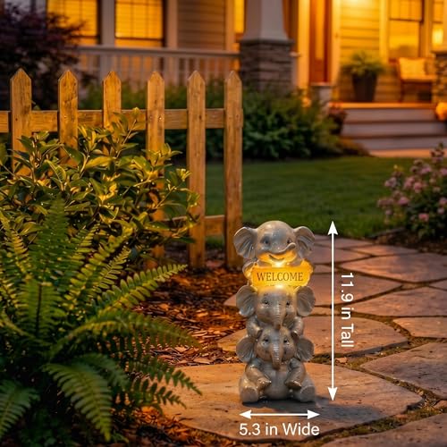 Lyeasw Solar Elephant Garden Statue with Lighted Welcome Sign, Outdoor Decor for Patio Porch Yard, Cute Elephant Family Figurine for Garden, Gift for Mom Grandma Garden Lovers - color: A Family of Three Elephants