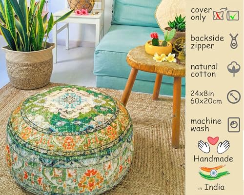 Indian Yoga Décor Pouf Cover Green Round Green Floor Pillow Case Room Décor Moroccan Décorative Cushion Perfect for Living Room, Bedroom, Nursary or Children Room Cotton 24x8 Unstuffed - color: Green