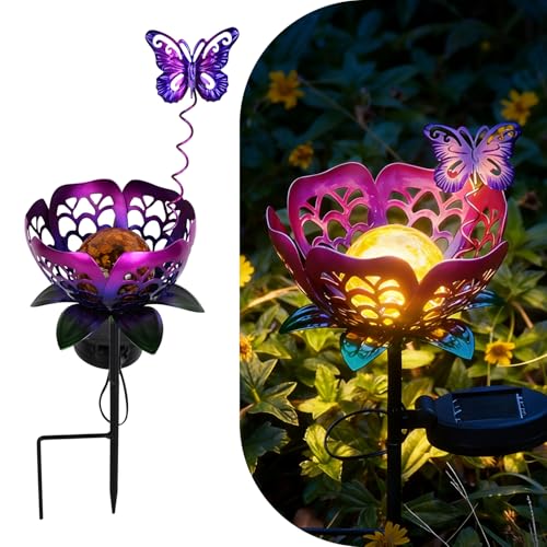 Solar Lights Outdoor Garden Decor, Metal Tulip & Butterfly Decoration Solar Lawn Lamp for Courtyard, Metal Flowers Outdoor Waterproof for Landscape Patio Yard Decor (Purple) - color: Purple