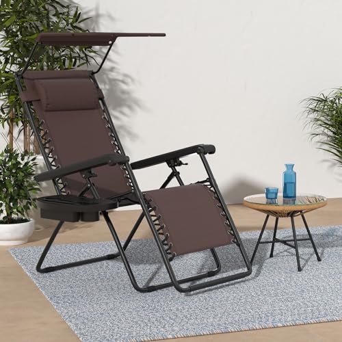 Best Choice Products Folding Zero Gravity Outdoor Recliner Patio Lounge Chair w/Adjustable Canopy Shade, Headrest, Side Accessory Tray, Textilene Mesh - Brown - color: Brown, size: Standard
