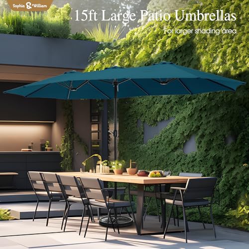 Sophia & William 15 ft Extra Large Patio Umbrella with Base Included, Rectangular Outdoor Umbrella Heavy Duty, Market Umbrella Double-sided Fade Resistant for Pool Garden Backyard, Cyan-blue - color: Cyan-blue