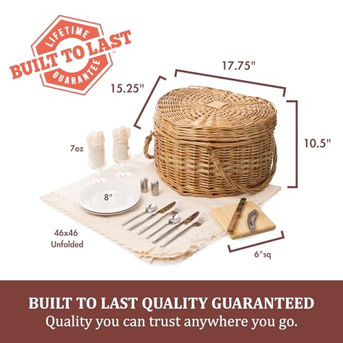 PICNIC TIME Heart Picnic Basket for 2, Wicker Basket with Handle, Complete Deluxe Service for Two, Handwoven and Sturdy Willow Constructed with Fully-lined interior and Accessories, (Antique White)