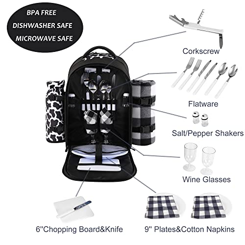 apollo walker Picnic Backpack Bag for 2 Person with Cooler Compartment, Detachable Bottle/Wine Holder, Fleece Blanket, Plates and Cutlery Set (2 Person, Black) - color: Black, size: 2 Person