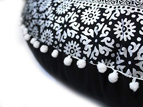 CRAFT KALA Large Hippie Floor Pillow Cover Mandala Meditation Cushion Case Pouf Cover Round Poufs Cover Bohemian Floor Cushion Cover Outdoor Fireplace Yoga Living Room Decor 32" Black Silver Elephant - color: Black Silver Elephant