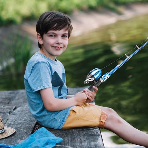WIDDEN Kids Fishing Pole, Portable Telescopic Kids Fishing Poles for Boys and Girls, Fishing Rod and Reel Combo Kit with Tackle Box, and Fishing Net, Best Fishing Pole for Toddler Youth - color: Blue+Green