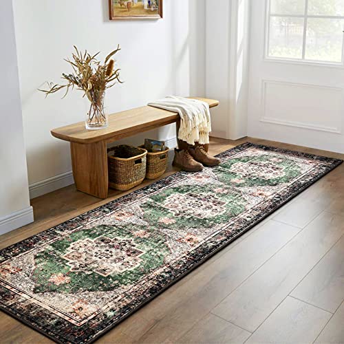 2x8 Runner Rug Green Boho Area Rugs for Hallway Indoor Laundry Room Bathroom Lightweight Non Slip Vintage Rug Washable Retro Distressed Carpet - color: A#green, size: 2' x 8' (Rectangular)