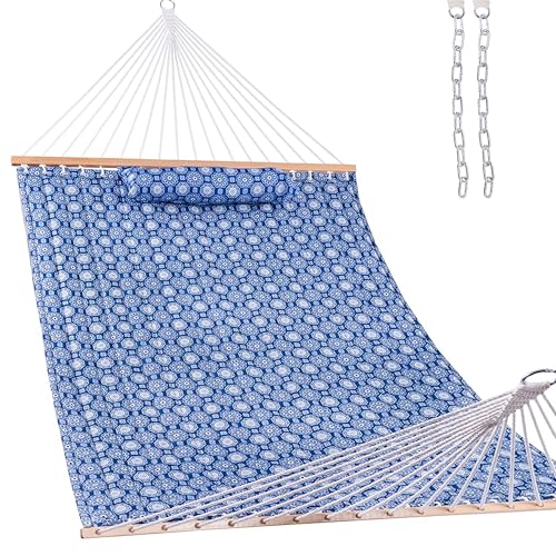 Lazy Daze Hammocks 12FT Quilted Fabric Hammock with Soft Pillow, Double 2 Person Tree Hammock with Spreader Bar for Outdoor Patio Backyard Poolside, 450lbs Weight Capacity, Blue Floral - color: Blue Floral